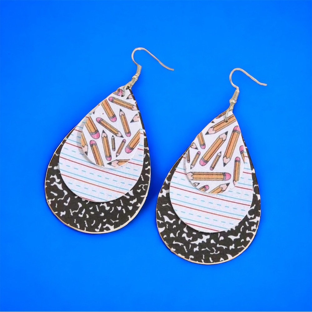 Water drop shape 3 layer faux leather‎ light weight teacher dangle earrings